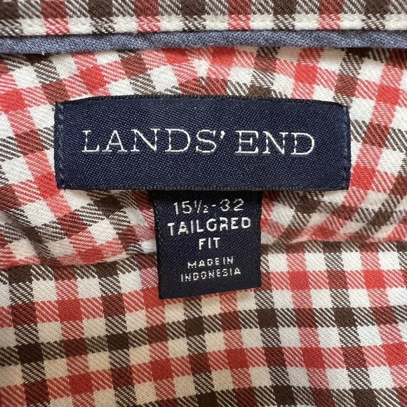 LANDS’ END Men’s Tailored Fit Brown Red Check L/S Button Down Shirt SZ 15.5 (32) - Picture 3 of 6